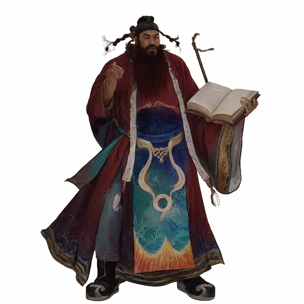 tan skin chinese ancient officer, red wild beard, luxurious red robe, holding a book, a flying Chinese brush,