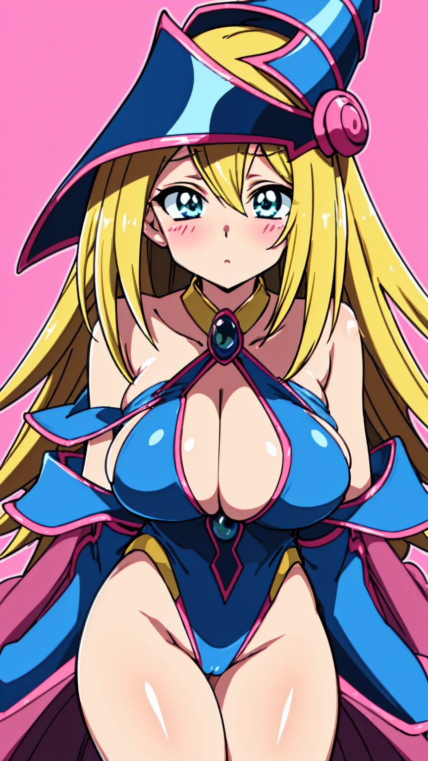 Black Magician Girl、Huge breasts、Thick thighs、blonde、magic circle、8K, 4K, Highest quality, High resolution: 1.2),Wink、Expose one breast、Cute anime face、Pink blush on cheeks、Noise Reduction、Tight leotard