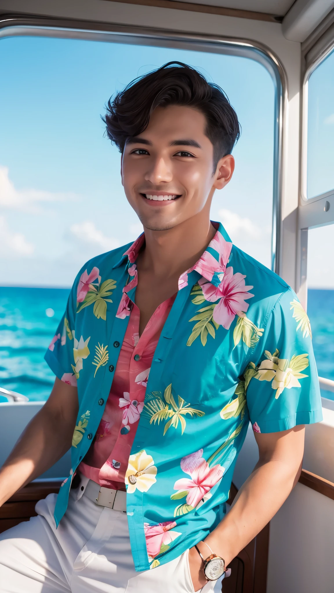 Male short hair, born, Ultra-high resolution, 8K, looking at the camera, On a yacht at sea, Vacation Photos, Paradise Island, Colorful Hawaiian button-up shirts, Frank, amateur, Natural light, A perfect day, [smile]