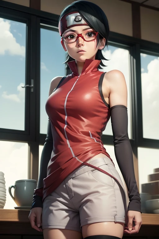 1 girl, from low, standing, beautiful Sarada Uchiha, 18 years old, cups, black thighighs, arm warmers, forehead protector, shorts, shorth hair, large breasted, Black eyes wearing glasses, small hips, big-ass, capture anime screenshot, Sarada is 18 years old, mature appearance