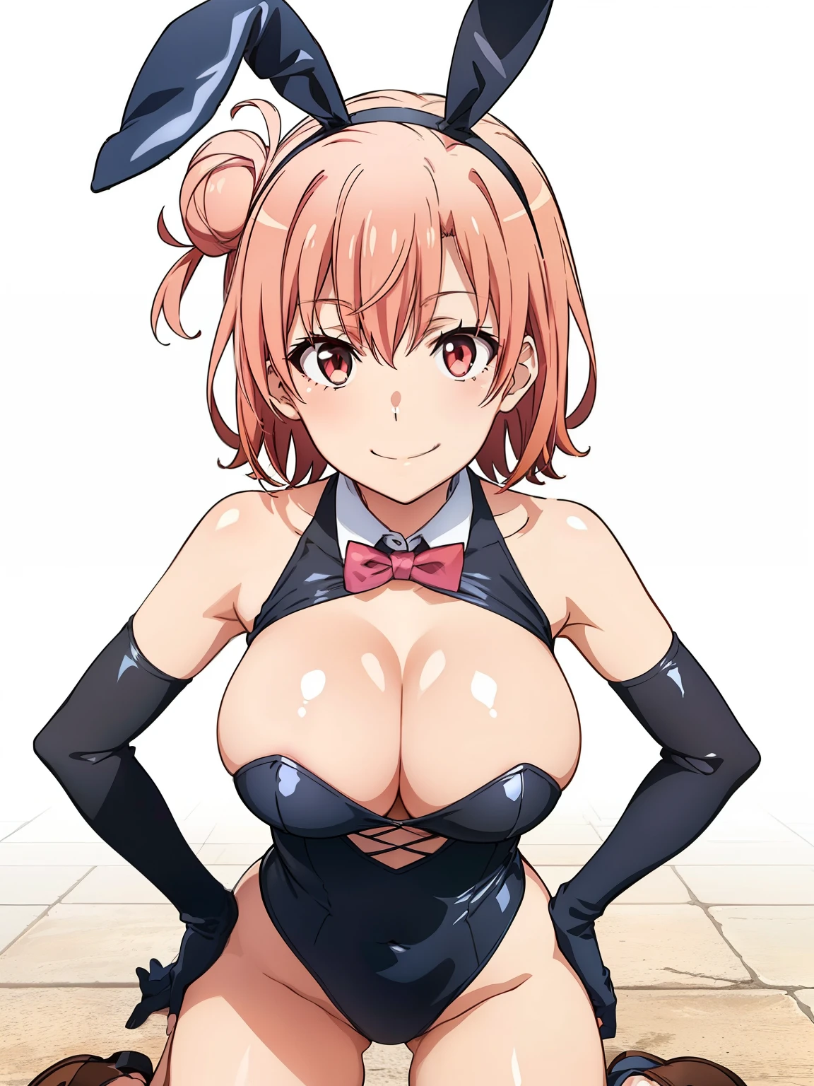 ((masutepiece, Best Quality, hight resolution, nffsw, Perfect Pixel, depth of fields, 4K, )), 1girl in, Solo, , Beautiful anime girl, Beautiful Art Style, close up, Looking at Viewer, Perfect body, Yuigahama Yui, Short hair, pink hair, hairbun, (large boob), black playboy bunny outfit, gloves, smile, hands on hip, blank white background, kneeling