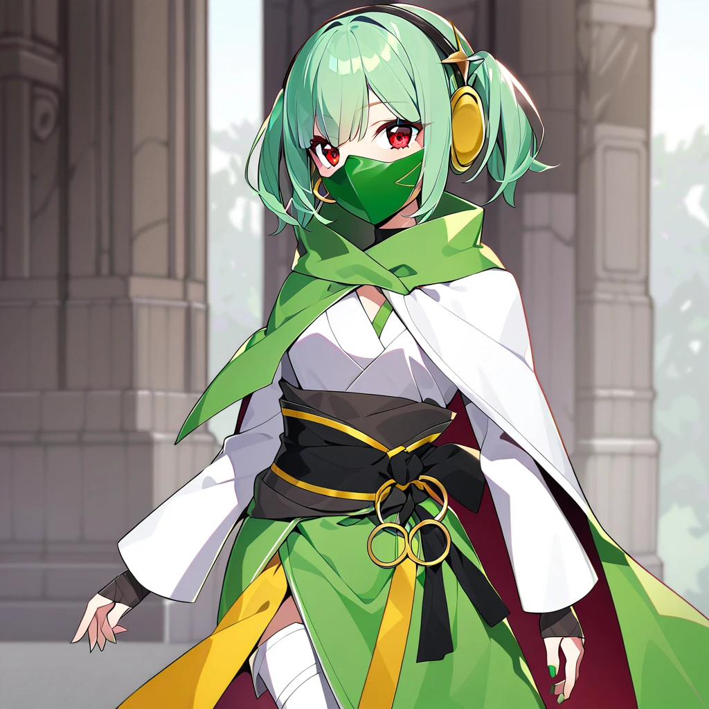 A woman with red eyes, and brown spiky pigtails tied with golden rings. Attached to her right pigtail is a hair decoration composed of two threads that end in aqua beads. She wears two gray, earmuff-like circles in place of her ears, and a black sash over her waist. She wears a green mask that covers her mouth and a pair of sharp-toed white boots. Her cape is green on the outer side and yellow on the inner side, and drapes over her shoulder.