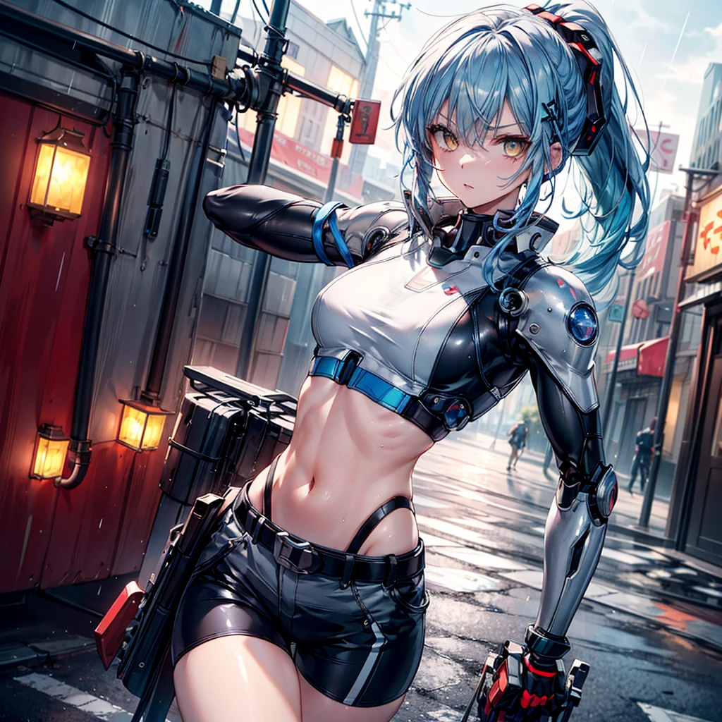 ((Highest quality,masterpiece,detailed,4K)), A girl anime character with half of her body being a cyborg. She has blue hair and yellow eyes. She is wearing a sports bra and shorts. Her profession is a mechanic. Draw her in a dynamic pose with a wrench in her hand. 1girl, 独奏, small breasts, arm up, black gloves, belt, ponytail, long hair, gray sky, rain, blurry background, looking at viewer, (mecha)