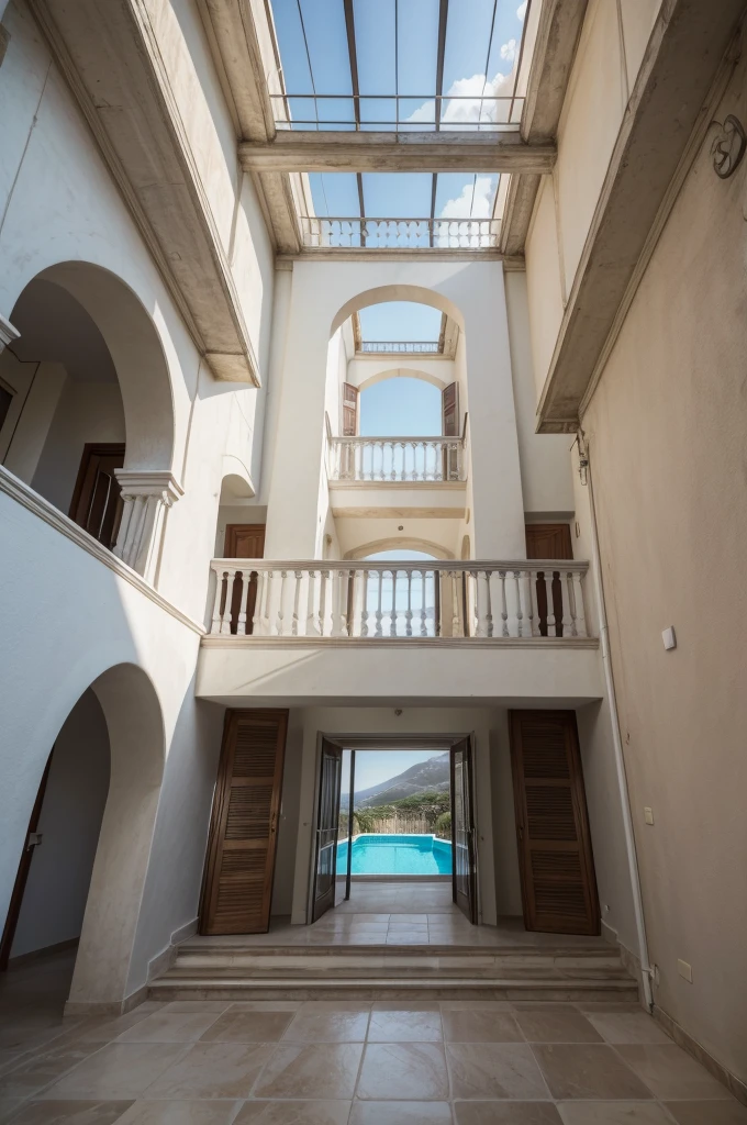 House, italian architecture, two floors, With pool, Neutral colors, view to the Mediterranean coast, (((Full view)))