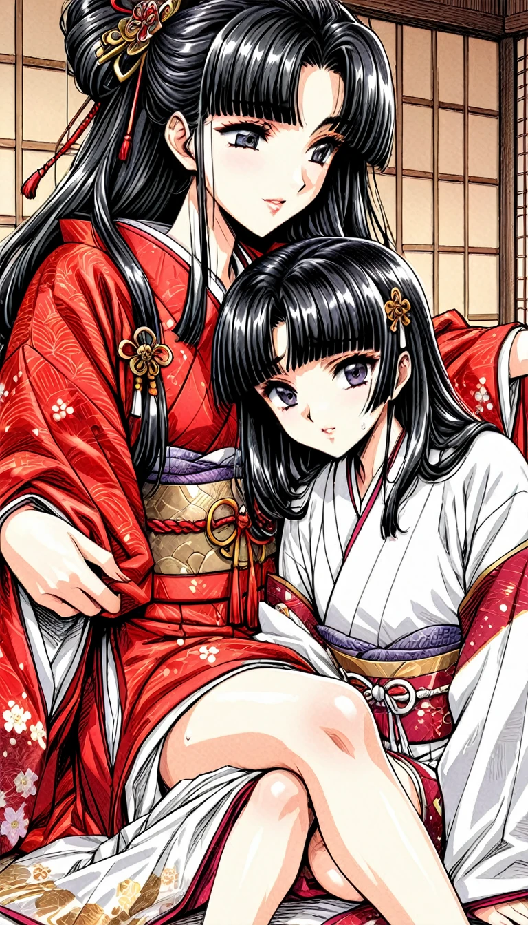 ((Highest quality)), ((masterpiece)), (detailed), （Perfect Face）、（The woman is a -yeld press from the Sengoku period in Japan., Long black hair and a beautiful face　Located in a lewd samurai residence.、The woman is wearing a Japanese white kimono with a richly embroidered red shiny robe over it.　The red robe worn by Japanese princesses　Her hair is styled in a straight hime cut.　It is decorated with gorgeous ornaments from the Edo period.,   She is made to lie on her back on a glossy vinyl futon and is forced to have sex with a dirty old man, who thrusts his penis into her hairy pussy, fucks her in the missionary position, and makes her lay eggs.