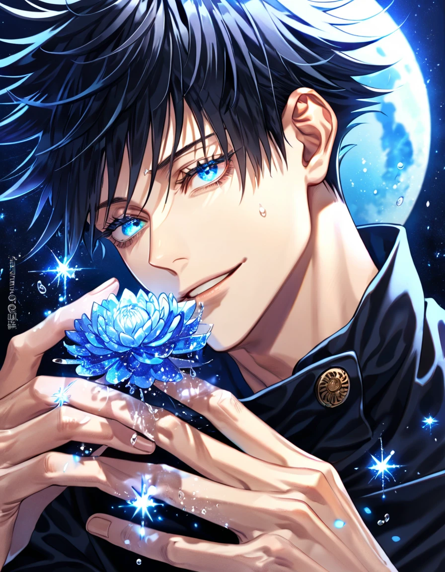 absurdres, highres, ultra detailed, HDR, master piece, best quality, extremely detailed, Fushiguro Megumi, black hair, expressive blue eyes, Jujutsu Kaisen, solo, sexy man, handsome, handsome smile, black uniform, fantasy, water, sparkling, blue glittering fireflies, blue moon, blue blossoms, blue chrysanthemums, blue sparkling lights, starry sky