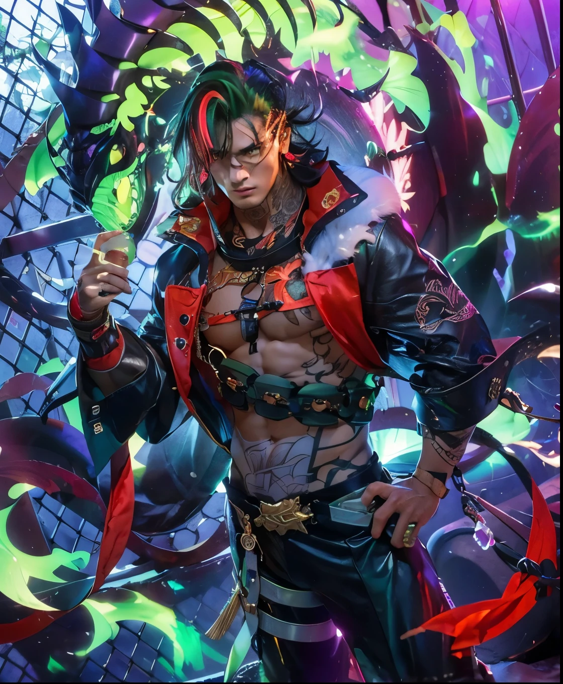 Male youth,,((masterpiece)), ((best quality)),(Exquisite eyes), 1 Boy, Male focus, head, Chinese physiognomy,Side back 37 hairstyle,Bronze skin,clothing, Yellow eyes, Tattoo, (forehead:0.8), (Ahog:0.8), Chest muscles, Eight-pack abs, Sexy , bad boy,Young male,Male genitalia,Completely naked。