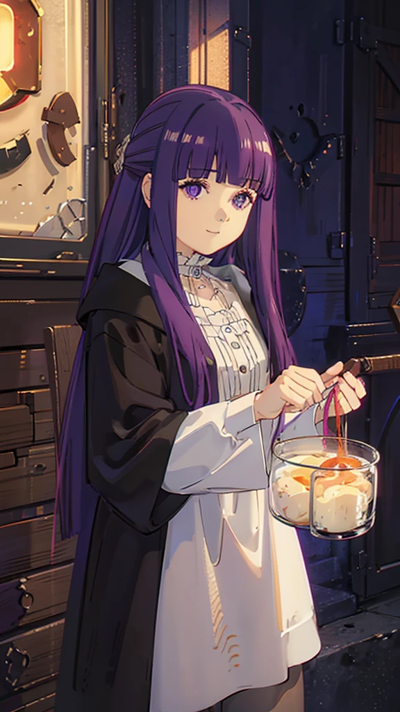 è²ä¼¦,1girl,solo,purple hair,long hair,purple eyes,blunt bangs,sidelocks,half updo,bright pupils, hair ornament,frilled collar,black robe,white dress,center frills,buttons,wide sleeves,long sleeves,curvy,cowboy shot,brown coat,from side,smile,, Exquisite visuals, high-definition,masterpiece,best quality,, 20yo,Young female,Beautiful Finger,Beautiful long legs,Beautiful body,Beautiful Nose,Beautiful character design, perfect eyes, perfect face,expressive eyes, looking at viewer, official art,extremely detailed CG unity 8k wallpaper, perfect lighting,Colorful, Bright_Front_face_Lighting,shiny skin, (masterpiece:1.0),(best_quality:1.0), ultra high res,4K,ultra-detailed, photography, 8K, HDR, highres, absurdres:1.2, Kodak portra 400, film grain, blurry background, bokeh:1.2, lens flare, (vibrant_color:1.2), (beautiful_face:1.5),(narrow_waist), 