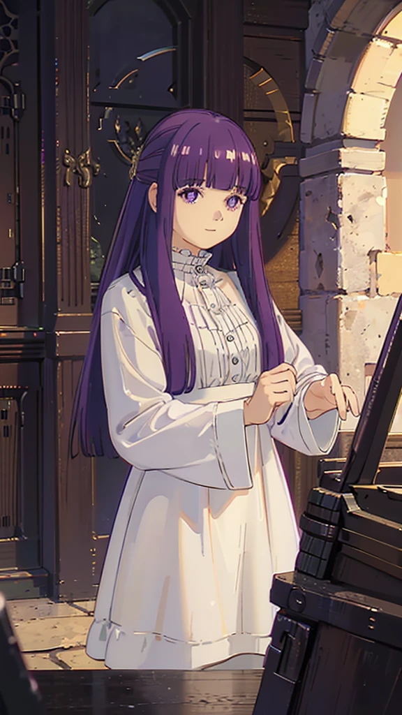 è²ä¼¦,1girl,solo,purple hair,long hair,purple eyes,blunt bangs,sidelocks,half updo,bright pupils, hair ornament,frilled collar,black robe,white dress,center frills,buttons,wide sleeves,long sleeves,curvy,cowboy shot,brown coat,from side,smile,, Exquisite visuals, high-definition,masterpiece,best quality,, 20yo,Young female,Beautiful Finger,Beautiful long legs,Beautiful body,Beautiful Nose,Beautiful character design, perfect eyes, perfect face,expressive eyes, looking at viewer, official art,extremely detailed CG unity 8k wallpaper, perfect lighting,Colorful, Bright_Front_face_Lighting,shiny skin, (masterpiece:1.0),(best_quality:1.0), ultra high res,4K,ultra-detailed, photography, 8K, HDR, highres, absurdres:1.2, Kodak portra 400, film grain, blurry background, bokeh:1.2, lens flare, (vibrant_color:1.2), (beautiful_face:1.5),(narrow_waist), 