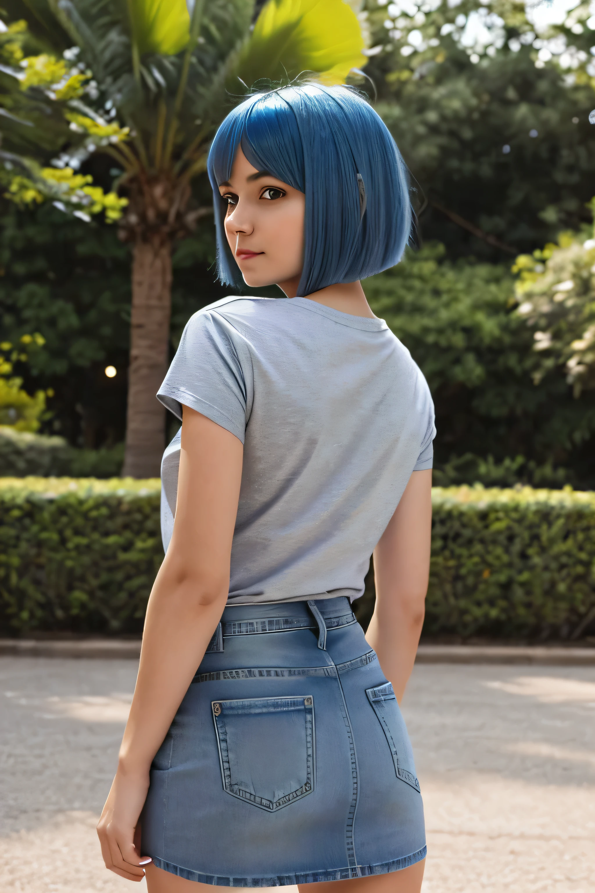 Realistic Bulma, Girl with straight blue hair, long bob cut, She is wearing a light gray t-shirt and short denim skirt. turns his back to the camera, turned round butt