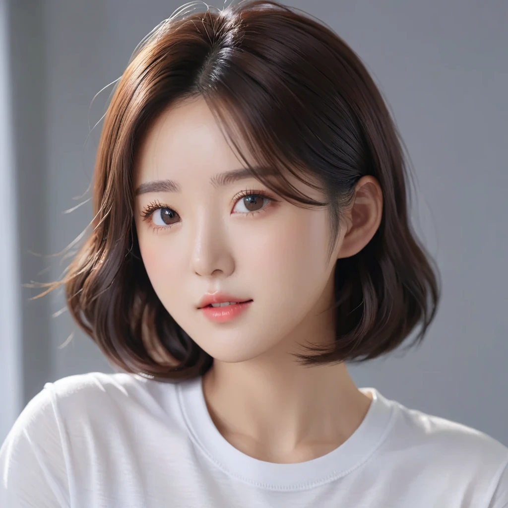 Best Quality, 8k, Masterpiece, (Portrait: 1.3), (photo realistic:1.4), (hyper realistic:1.4), Sharp Focus, looking at viewer, (smoother lighting:1.1), (increase cinematic lighting quality:0.9), realistic lighting, backlighting, light on face, ray trace, (brightening light:1.2), (Increase quality:1.4), sharp detail, (best quality real texture skin:1.4), finely detailed eyes, black_eyes, finely detailed face, 25 year old Korean woman, (white t-shirt:1.4), (Create an image maintaining the original base model hairstyle:1.5)