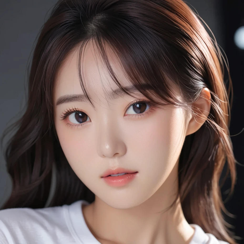 Best Quality, 8k, Masterpiece, (Portrait: 1.3), (photo realistic:1.4), (hyper realistic:1.4), Sharp Focus, looking at viewer, (smoother lighting:1.1), (increase cinematic lighting quality:0.9), realistic lighting, backlighting, light on face, ray trace, (brightening light:1.2), (Increase quality:1.4), sharp detail, (best quality real texture skin:1.4), finely detailed eyes, black_eyes, finely detailed face, 25 year old Korean woman, (white t-shirt:1.4), (Create an image maintaining the original base model hairstyle:1.5)