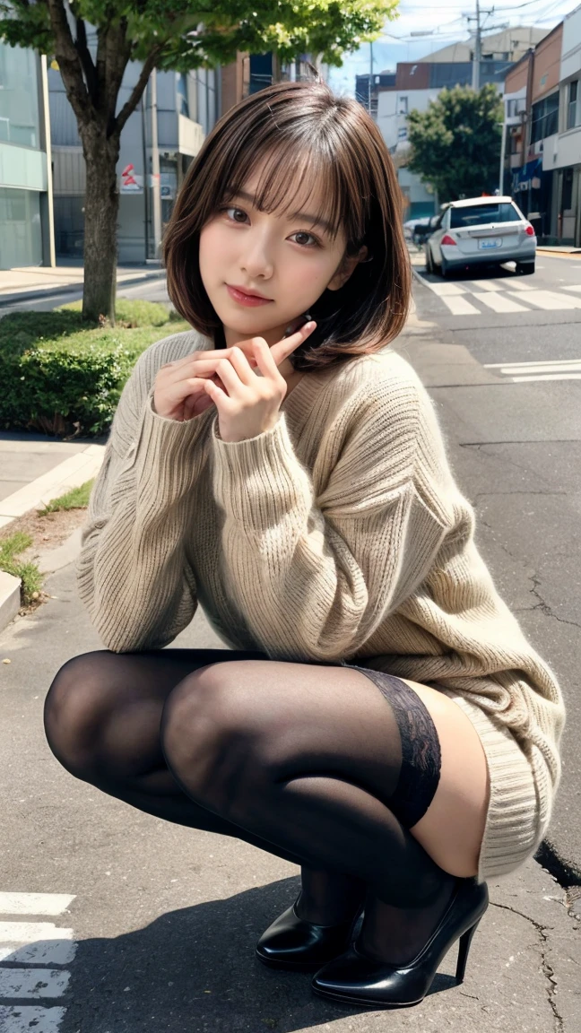 Photo taken by a professional photographer,Close-up of a woman squatting on the sidewalk with her legs crossed, kiko mizuhara, wearing a sweater, Shirahime cut brown hair, wearing a sweater, young and cute girl, japanese model, 白いwearing a sweater, Chiho, ランダムカラーのカジュアルなwearing a sweater,Cute ide waves with short hair, a cute young woman, cute young woman, black pantyhose,black tights,black high heels,