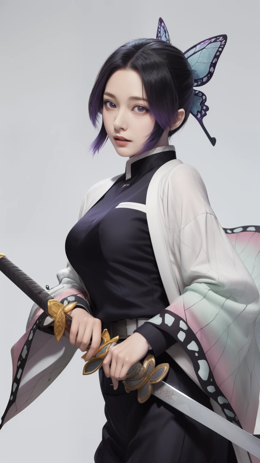 Woman in purple dress holding butterfly and sword, Duelist Style, The Detailed Art of the Onmyoji, Demon Slayer Art Style, Guilty Gear Strike Splash Art, Genshin Impact Characters, onmyoji, Keqing of Genshin Impact, Handsome men from Demon Slayer, Genshin Impact Mid-Range, Detailed Key Anime Art