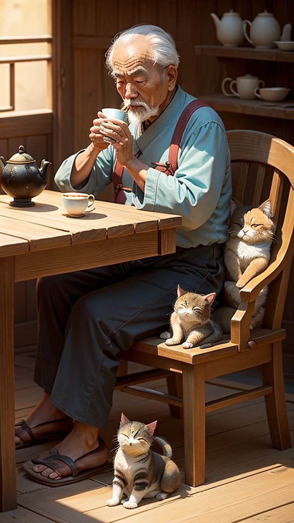 Old man drinking tea，The cat sleeps at its feet，Kind old man alone，Handshake fan，laying on the chair，There is a teapot on the table，Laid back，summer，solid color backdrop，chineseidol，Rustic character，Chinese style buildings，Chinese teacup，Tanuki cat