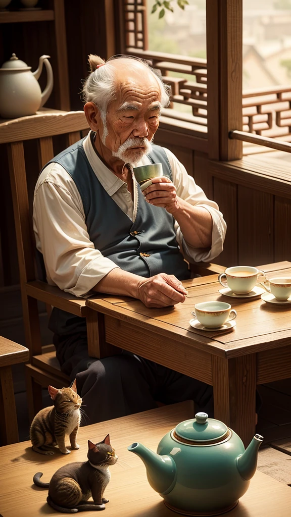 Old man drinking tea，The cat sleeps at its feet，Kind old man alone，Handshake fan，laying on the chair，There is a teapot on the table，Laid back，summer，solid color backdrop，chineseidol，Rustic character，Chinese style buildings，Chinese teacup，Tanuki cat