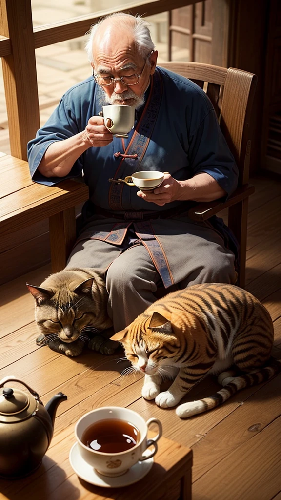 Old man drinking tea,The cat sleeps at its feet,Kind old man alone,Handshake fan,laying on the chair,There is a teapot on the table,Laid back,summer,solid color backdrop,chineseidol,Rustic character,Chinese style buildings,Chinese teacup,Tanuki cat
