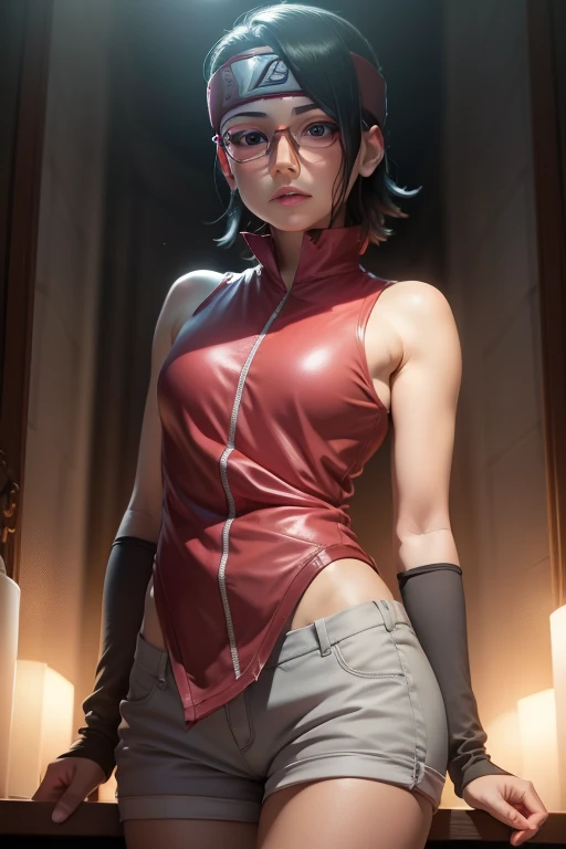 1 girl, standing, beautiful Sarada Uchiha, 18 years old, cups, black thighs, arm warmers, forehead protector, shorts, short hair, large bust, black eyes wearing glasses, small hips, large buttocks, anime style, Sarada is 18 years old, mature appearance, detailed face, ultra-detailed, photorealistic, 8k, hyper realistic, beautiful detailed eyes, beautiful detailed lips, extremely detailed eyes and face, long eyelashes, portrait, digital art, vibrant colors, dramatic lighting, cinematic composition
