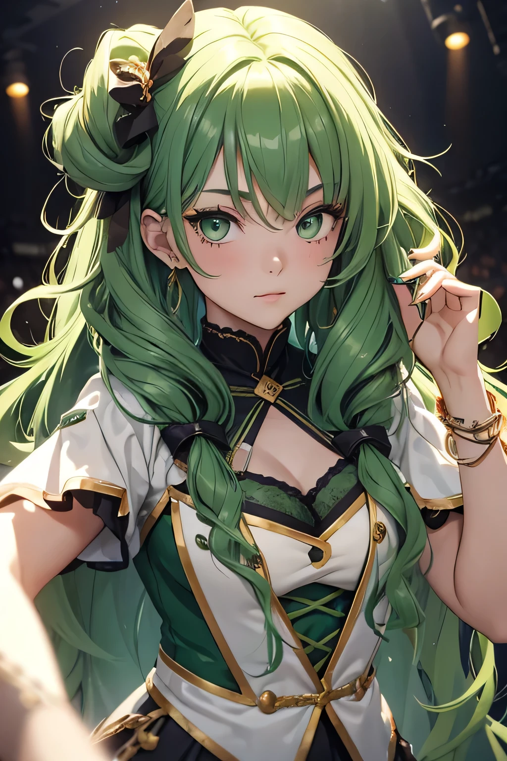 girl, 18 years old, long green hair, curly hair, green eyes, idol outfit