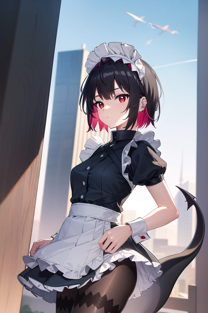 ellenjoe, ellen joe, black hair, colored inner hair, multicolored hair, (red eyes:1.3), red hair, short hair, two-tone hair,
BREAK bapron, black pantyhose, black shirt, black skirt, ear piercing, fins, fish tail, maid, maid apron, maid headdress, pantyhose, piercing, puffy short sleeves, puffy sleeves, shark girl, shark tail, shirt, short sleeves, skirt, tail, two-tone hair, wrist cuffs,
BREAK outdoors, city, sky, clouds, sun, park
BREAK looking at viewer, (cowboy shot:1.5),
BREAK (masterpiece:1.2), best quality, high resolution, unity 8k wallpaper, (illustration:0.8), (beautiful detailed eyes:1.6), extremely detailed face, perfect lighting, extremely detailed CG, (perfect hands, perfect anatomy),