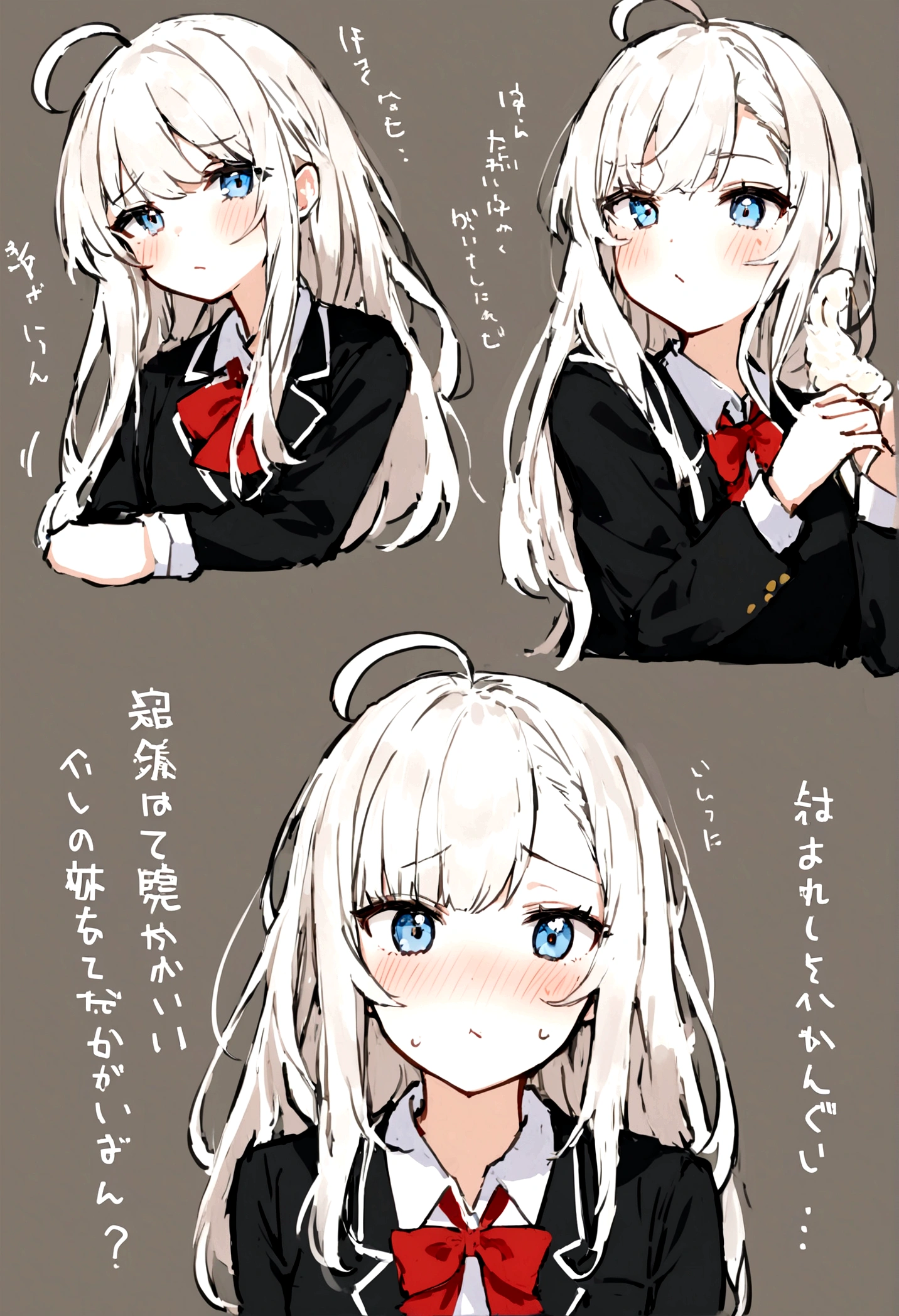 The character has long, straight silver-white hair with a side part and a small ahoge, adorned with a red ribbon tied on the left side. Her light blue eyes, often expressing a tsundere (cold but sweet) demeanor, are complemented by a slight blush on her cheeks. She typically wears a cream-colored school blazer over a white shirt, paired with a red bow tie, a black dress, and white thigh-high stockings. Her expression ranges from pouty to neutral, conveying a sense of annoyance or aloofness. She is usually depicted in a school setting, such as a classroom, reinforcing her student persona.she is not shy