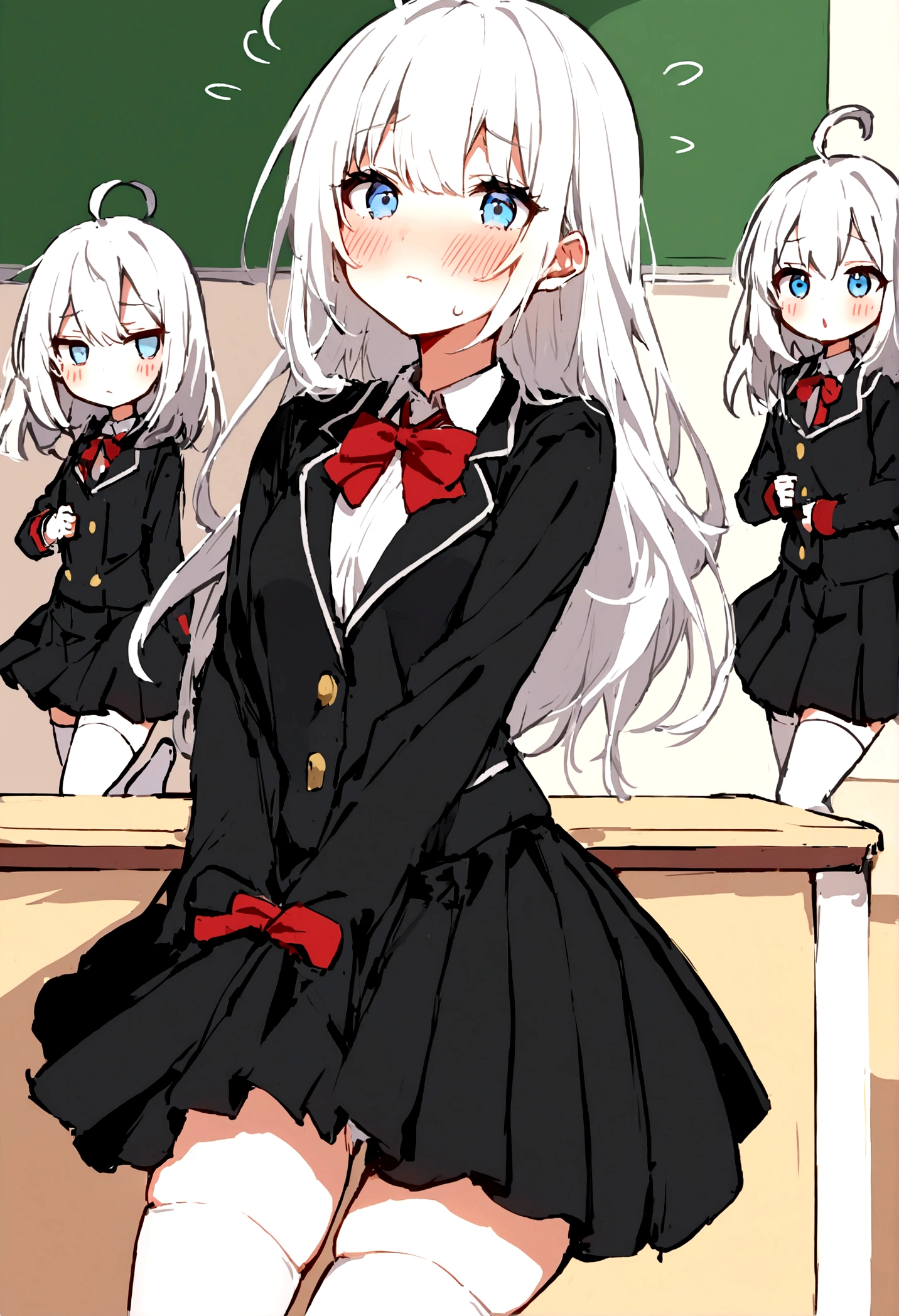 The character has long, straight silver-white hair with a side part and a small ahoge, adorned with a red ribbon tied on the left side. Her light blue eyes, often expressing a tsundere (cold but sweet) demeanor, are complemented by a slight blush on her cheeks. She typically wears a cream-colored school blazer over a white shirt, paired with a red bow tie, a black dress, and white thigh-high stockings. Her expression ranges from pouty to neutral, conveying a sense of annoyance or aloofness. She is usually depicted in a school setting, such as a classroom, reinforcing her student persona.she is not shy