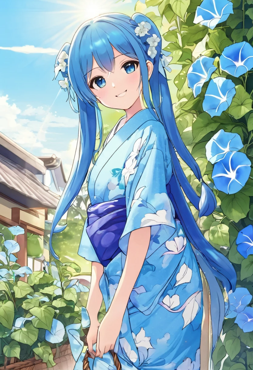 Light blue long hair　beautiful girl with twin tails　Morning glory market　Summer sky　Summer sunshine　Morning glory market　　Beautiful girl in yukata　Many potted morning glories are lined up　Bright smile　