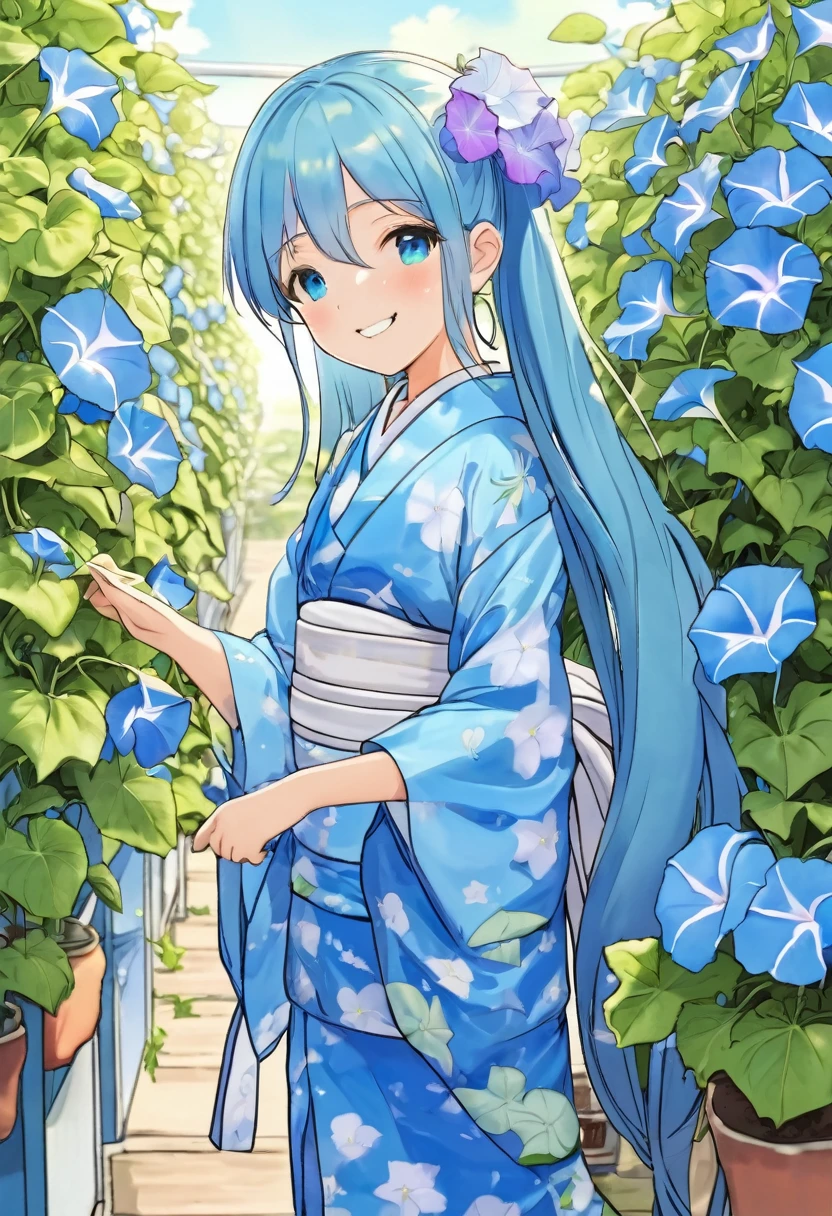 Light blue long hair beautiful girl with twin tails Morning glory market Summer sky Summer sunshine Morning glory market Beautiful girl in yukata Many potted morning glories are lined up Bright smile