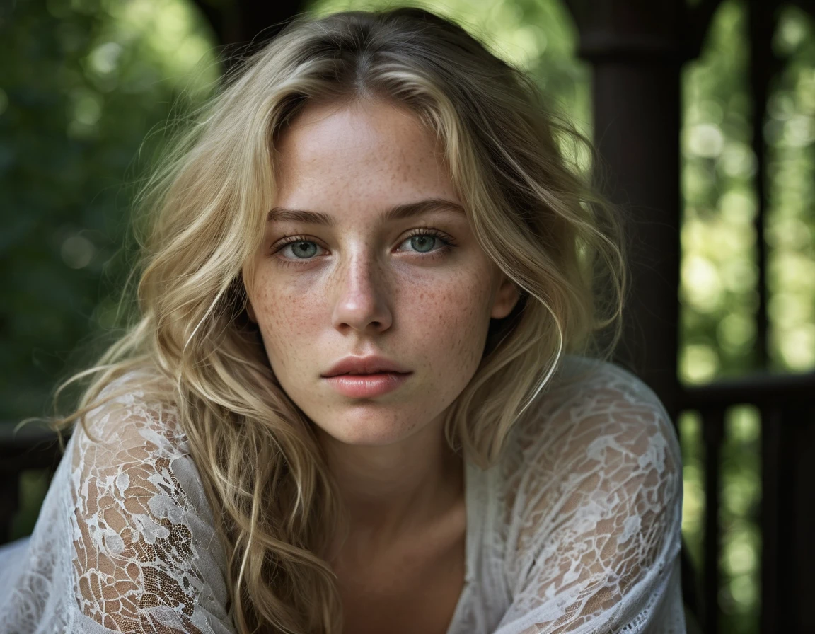 ultrarealistic high quality photo of a beautiful American woman , exceptional lush detail, the mysterious woman is camouflaged so well in the aspen woods you can only see the white of her eyes in the deep darkness of her natural surroundings, she's barely visible, haunting imageultrarealistic high quality photo of a frumpy, ordinary looking woman , exceptional lush detail of oddness, the mysterious woman is resting, waiting for her TIME, you can only see the white of her eyes in the deep darkness of her surroundings, she's barely visible, peculiar looking, no makeup beauty in strange ways, STRANGE BEAUTY, alarming,disarming, her hair puled behind her ears, layers of outfits, haunting imageultrarealistic high quality 1 woman , looking at viewer:1.4, portrait (wearing delicate lounge outfit), taken outside, in a (park gazebo:1.5), gazebo is open with spectacular views of the natural park, lush green, flowers, lively, she's inside the park gazebo,on blankets, with views of the trees and sky, ((high contrast)), (deep, darkest shadows), ((taken using Leica camera, aperture: f/2.3)) ,(kkw-ph1:0.9), hyper-realistic skin, pores and freckles, (she has beach-blonde hair, long, messy), her hair is over her ear, pulled back, healthy sun-kissed skin, blushing, blush cheeks, lounging in gazebo, her arms relaxed, a (massager:1.2),, relaxed pose, she's in dark with natural light glow, radiant skin , sultry, tantalizing, perfectly framed face, perfect relaxed hands, perfect fingers, nail polish, (perfect portrait, incredible eyes:1.1), a work of art, beautiful composition, golden ratio, playful pleasure joy, inspiring, (highest quality fabric texture), every detail,Fine facial features – (Highest Quality) ,Leica camera film, High quality ○○ detailed – ○○ details ultra detailed(Ultra-fine ), Photorealistic , high resolution),playfully and relaxed photos