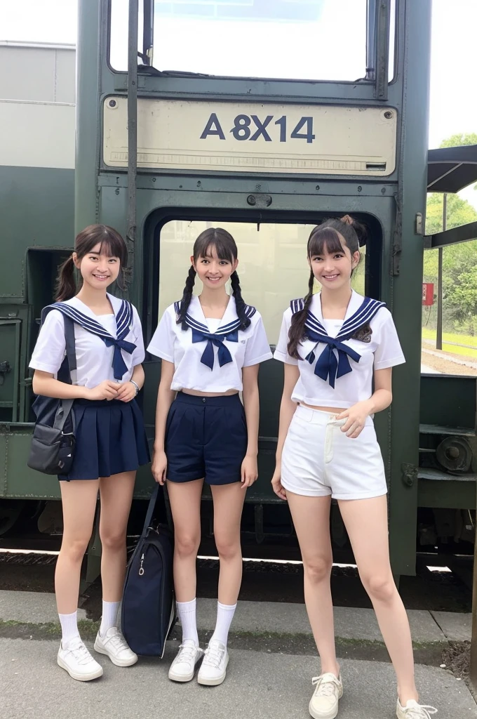 2 girls walking in rural station,long train on far side,cumulonimbus cloud in summer sky,short-sleeved white sailor shirt,navy blue pleated skirt,18-year-old,bangs,a little smile,thighs,knees,short hair with low pigtails bunches,from beside,front light