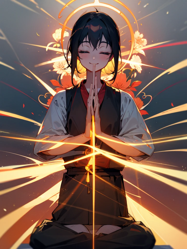 Amitabha Buddha smiling eyes closed zazen halo black hair hands together