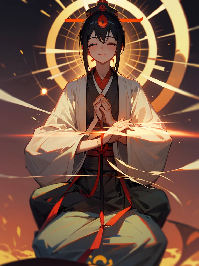 Amitabha Buddha smiling eyes closed zazen halo black hair hands together