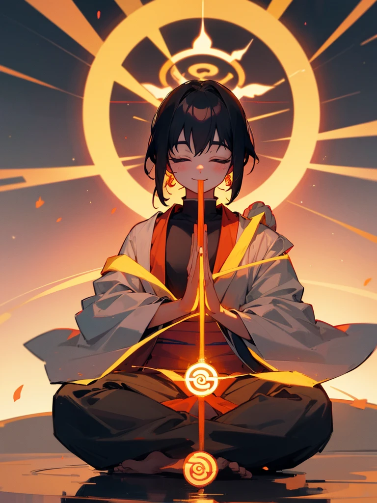 Amitabha Buddha smiling eyes closed zazen halo black hair hands together
