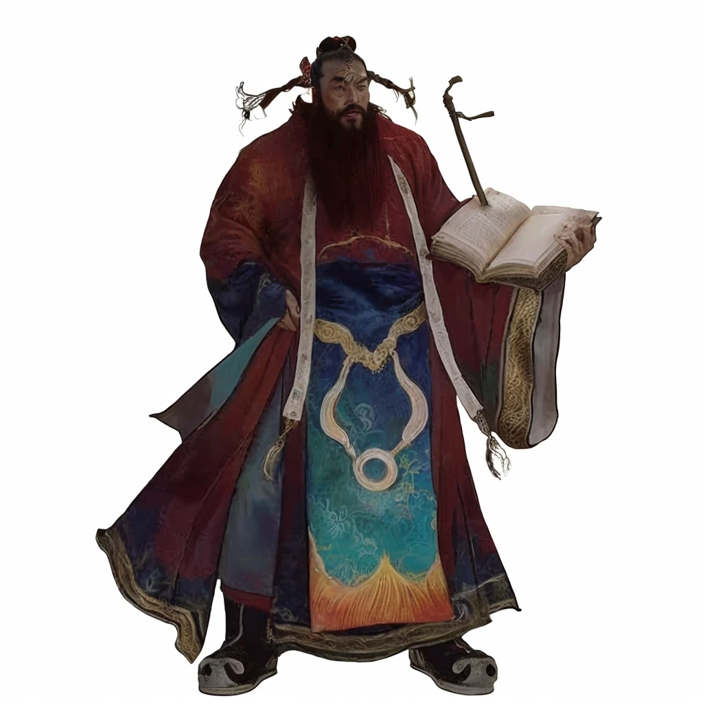 tan skin chinese ancient officer, red wild beard, luxurious red robe, holding a book, a flying Chinese brush, one hand put at the back