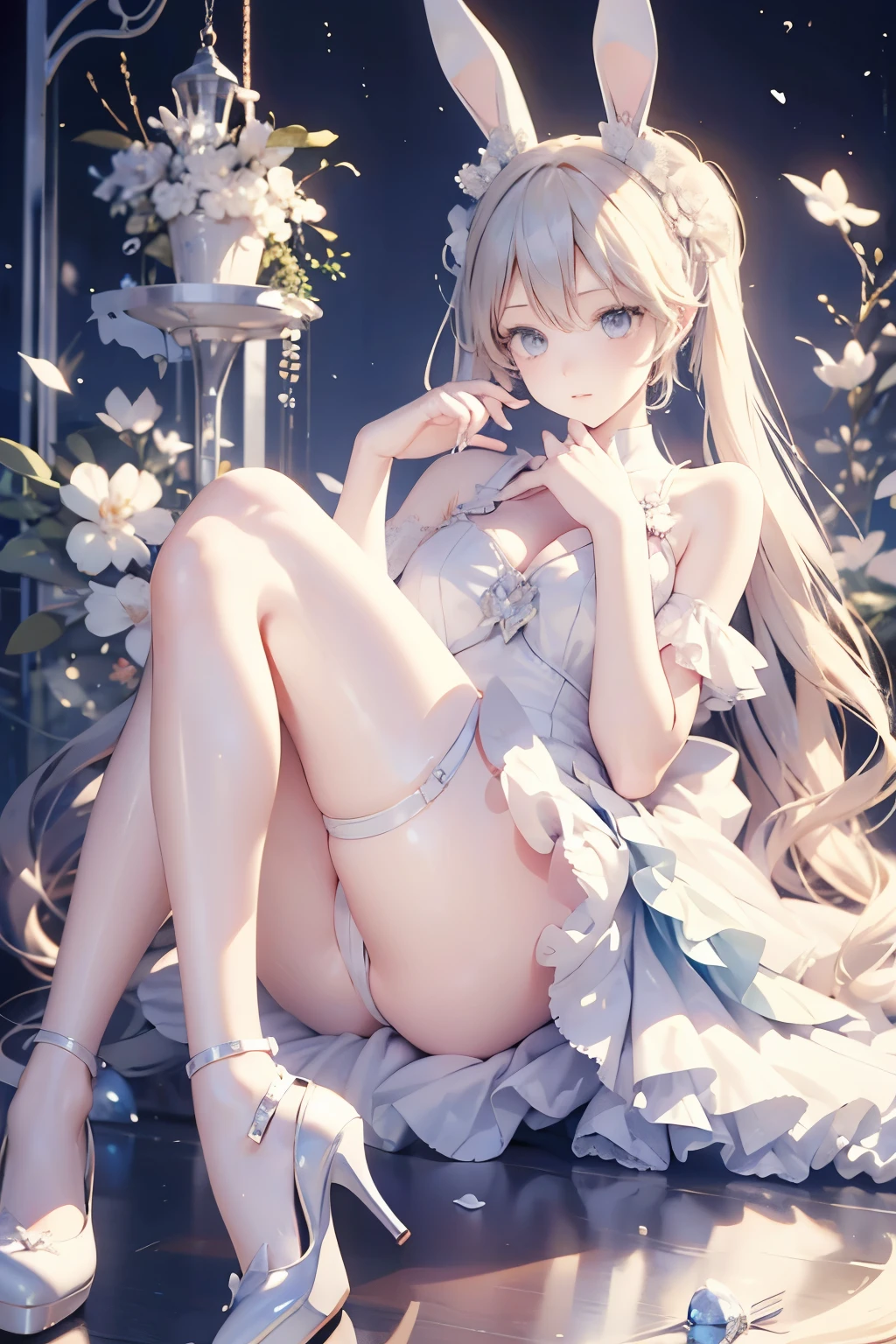 blond,blue eyes,Bunny ears,beautiful girl,High-heeled crystal shoes,Long hair,Two bows,Two braids,White lace underwear,Hatsune Miku