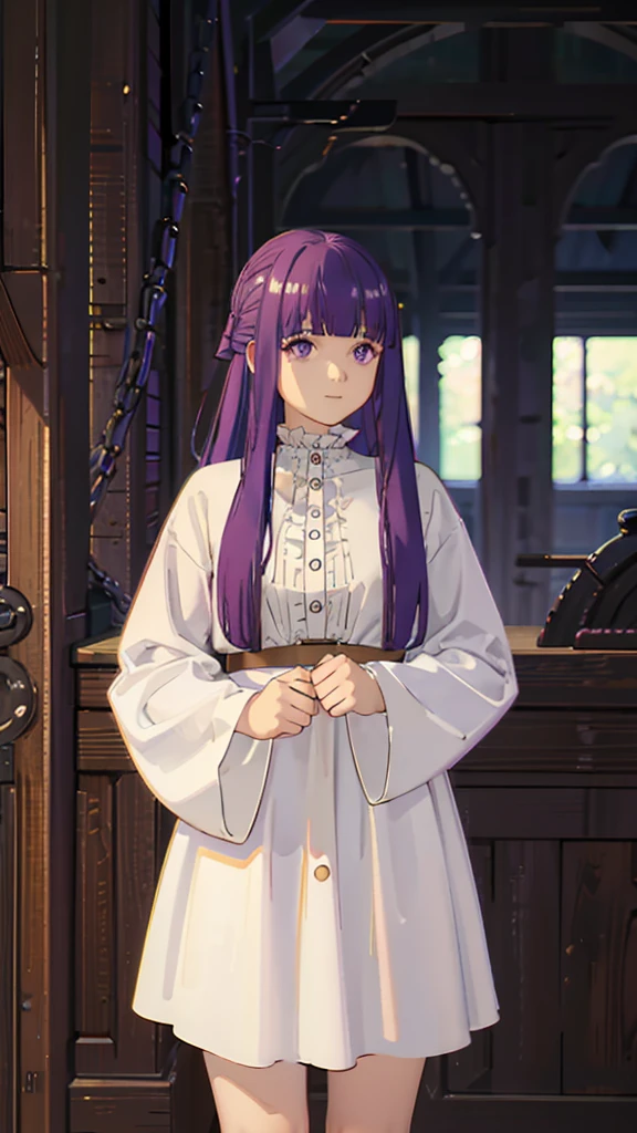 è²ä¼¦,1girl,solo,purple hair,long hair,purple eyes,blunt bangs,sidelocks,half updo,bright pupils, hair ornament,frilled collar,black robe,white dress,center frills,buttons,wide sleeves,long sleeves,curvy,cowboy shot,brown coat,from side,smile,, Exquisite visuals, high-definition,masterpiece,best quality,, 20yo,Young female,Beautiful Finger,Beautiful long legs,Beautiful body,Beautiful Nose,Beautiful character design, perfect eyes, perfect face,expressive eyes, looking at viewer, official art,extremely detailed CG unity 8k wallpaper, perfect lighting,Colorful, Bright_Front_face_Lighting,shiny skin, (masterpiece:1.0),(best_quality:1.0), ultra high res,4K,ultra-detailed, photography, 8K, HDR, highres, absurdres:1.2, Kodak portra 400, film grain, blurry background, bokeh:1.2, lens flare, (vibrant_color:1.2), (beautiful_face:1.5),(narrow_waist), 