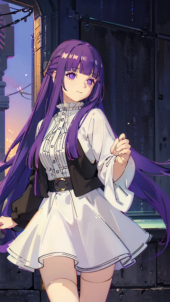 è²ä¼¦,1girl,solo,purple hair,long hair,purple eyes,blunt bangs,sidelocks,half updo,bright pupils, hair ornament,frilled collar,black robe,white dress,center frills,buttons,wide sleeves,long sleeves,curvy,cowboy shot,brown coat,from side,smile,, Exquisite visuals, high-definition,masterpiece,best quality,, 20yo,Young female,Beautiful Finger,Beautiful long legs,Beautiful body,Beautiful Nose,Beautiful character design, perfect eyes, perfect face,expressive eyes, looking at viewer, official art,extremely detailed CG unity 8k wallpaper, perfect lighting,Colorful, Bright_Front_face_Lighting,shiny skin, (masterpiece:1.0),(best_quality:1.0), ultra high res,4K,ultra-detailed, photography, 8K, HDR, highres, absurdres:1.2, Kodak portra 400, film grain, blurry background, bokeh:1.2, lens flare, (vibrant_color:1.2), (beautiful_face:1.5),(narrow_waist), 