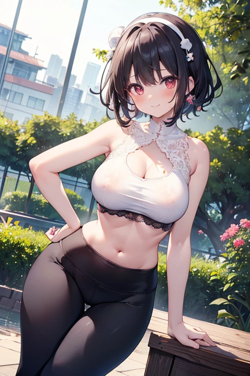 masterpiece、1 female student、(((Missing arm,Bare arms,White bellyband)))White cloth bun、Shoulder leakage、chubby、Smile、(((Lace、black yoga pants)))pale pink lips、posing at school,(Soaked),legs are open, 独奏, looking at the audience, (Thick thighs:1.0),Red eyes, Blushed,blunt hair,flower headdress,lawn,hands on hips,creek,black hair,Smile with teeth showing,short hair,garden,(((Side milk is visible,))),(((Chest visible from the side,Big breasts,Showing side chest,Exposed side chest))),clear and bright eyes,((((stand at attention,From the front)))),