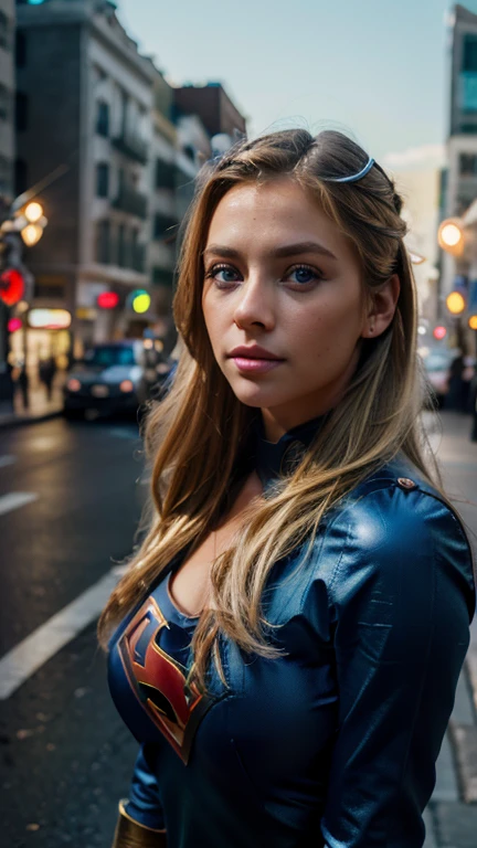 photorealistic, 1girl, beautiful detailed face, beautiful detailed eyes, beautiful detailed lips, long blonde hair, blue eyes, perfect body, supergirl outfit, urban city, cinematic lighting, vibrant colors, detailed background, unreal engine, ultra-detailed, high resolution, 8k, realistic shading, volumetric lighting, photorealistic textures, hyper-realistic, cinematic composition, dramatic angles
