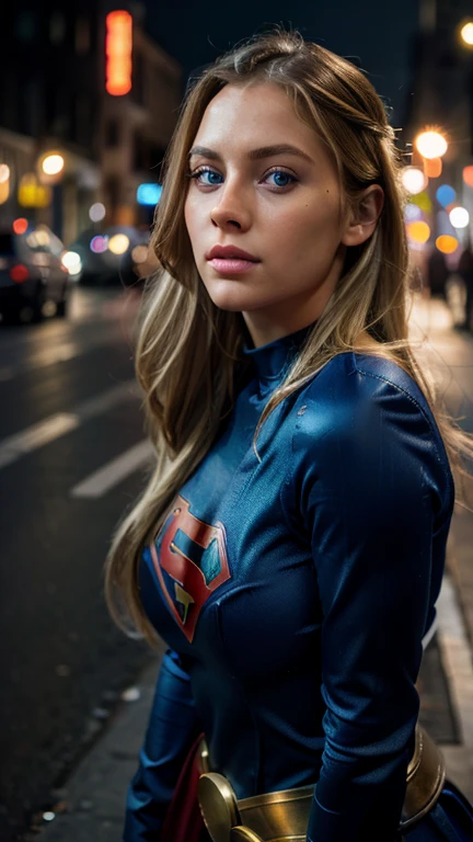 photorealistic, 1girl, beautiful detailed face, beautiful detailed eyes, beautiful detailed lips, long blonde hair, blue eyes, perfect body, supergirl outfit, urban city, cinematic lighting, vibrant colors, detailed background, unreal engine, ultra-detailed, high resolution, 8k, realistic shading, volumetric lighting, photorealistic textures, hyper-realistic, cinematic composition, dramatic angles