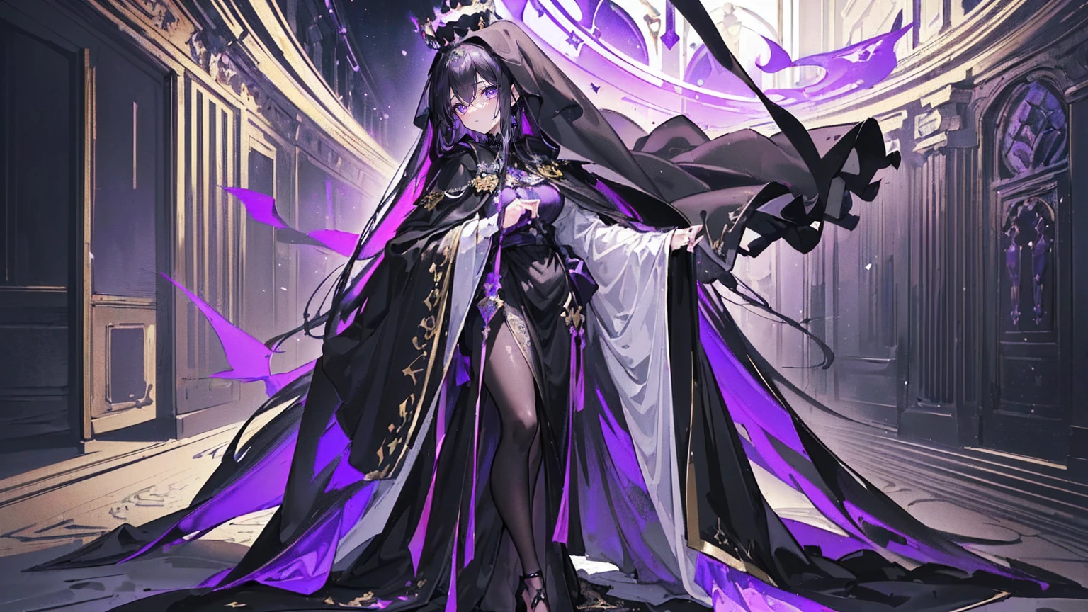 (Super detailed)),((illustration)),((masterpiece)),(((need))),((fine、Highest quality CG Unity 8K wallpapers,masterpiece),((4K,masterpiece,best quality)),Black hair queen,Sexy,Lilac eyes,Standing upright in a coffin,Mature,Hair Bunch,Hair tied on both sides,Black and gold gauze robe,Black and purple French vintage clothing,Gorgeous pure black cape,Black veil,Purple-white halo,Black and purple high heels,Wearing a crown on the head,Holding a knight's sword,pyramid,Emitting dim purple light,Under the sea,Deep in the sea,The deep sea is filled with coffins,Mysterious symbols