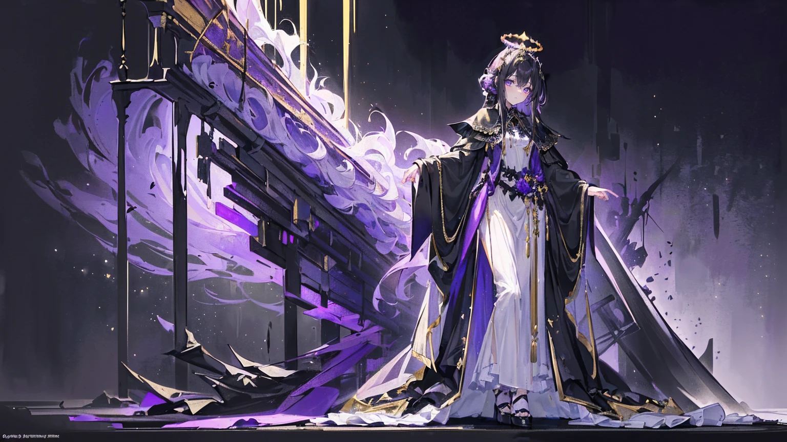 (Super detailed)),((illustration))，((masterpiece)),(((need))),((fine、Highest quality CG Unity 8K wallpapers，masterpiece），（（4K，masterpiece，best quality）），Black hair queen，Sexy，Lilac eyes，Standing upright in a coffin，Mature，Hair Bunch，Hair tied on both sides，Black and gold gauze robe，Black and purple French vintage clothing，Gorgeous pure black cape，Black veil，Purple-white halo，Black and purple high heels，Wearing a crown on the head，Holding a knight&#39;s sword，pyramid，Emitting dim purple light，Under the sea，Deep in the sea，The deep sea is filled with coffins，Mysterious symbols