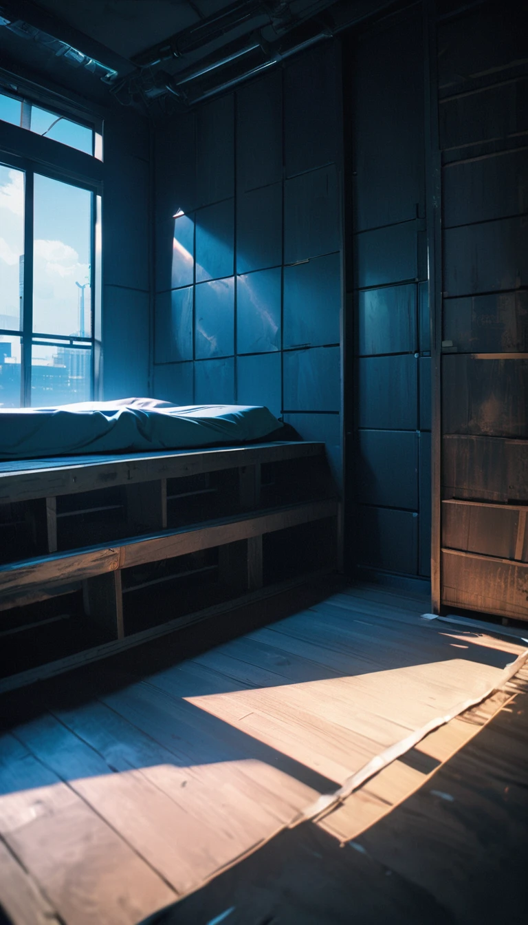 (8K, RAW photos, best quality, masterpiece: 1.4), (((5 square cell)),Ultra-high resolution, Extremely detailed, Dim Lights, Close-up of shelf, High-quality shadows, Natural Lighting, (White highlights:1.2), night, cloudy day, (A one-meter-wide bed:1.2), (Metal walls all around:1.2)