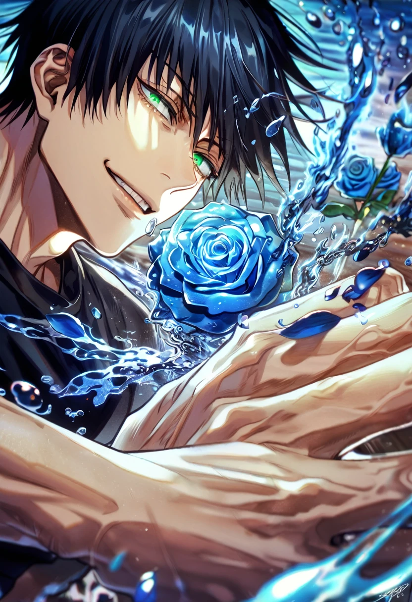 Ultra detailed, HDR, Highres, absurdres, master piece, Fushiguro Touji, black hair, expressive green eyes, Jujutsu Kaisen, handsome, sexy man, solo, black tight shirt, blue water, fantasy, magical, cursed energy, blue aura, blue petals, handsome smile, best quality, blue roses, blue fireflies,