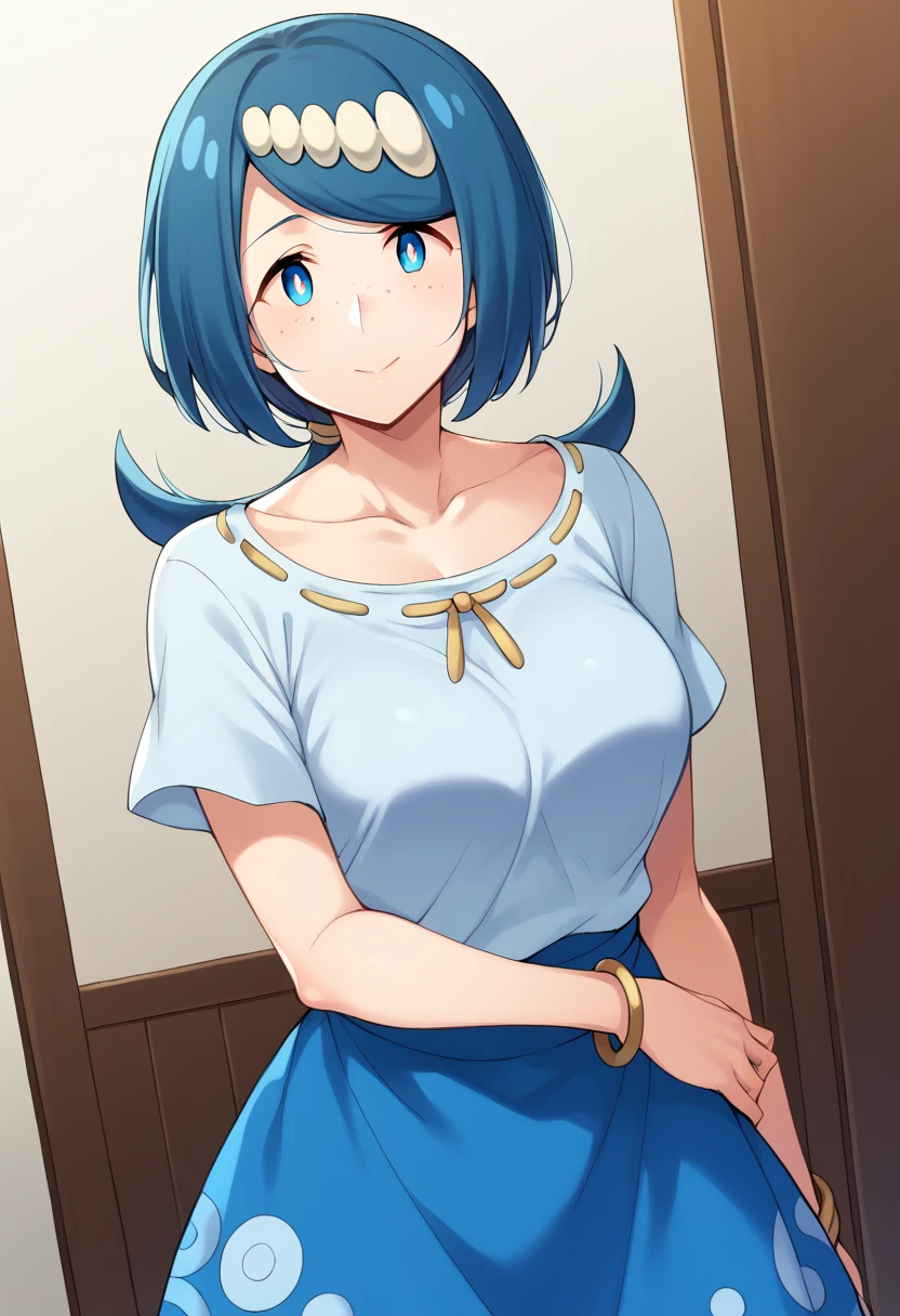 nanao yukiji style, pokemonmotherlana, blue eyes, blue hair, freckles, hair ornament, long hair, swept bangs, bright pupils, blouse, blue skirt, bracelet, collarbone, dress, jewelry, long skirt, shirt, short sleeves, skirt, white shirt, indoors, looking at viewer, cowboy shot, dutch angle,