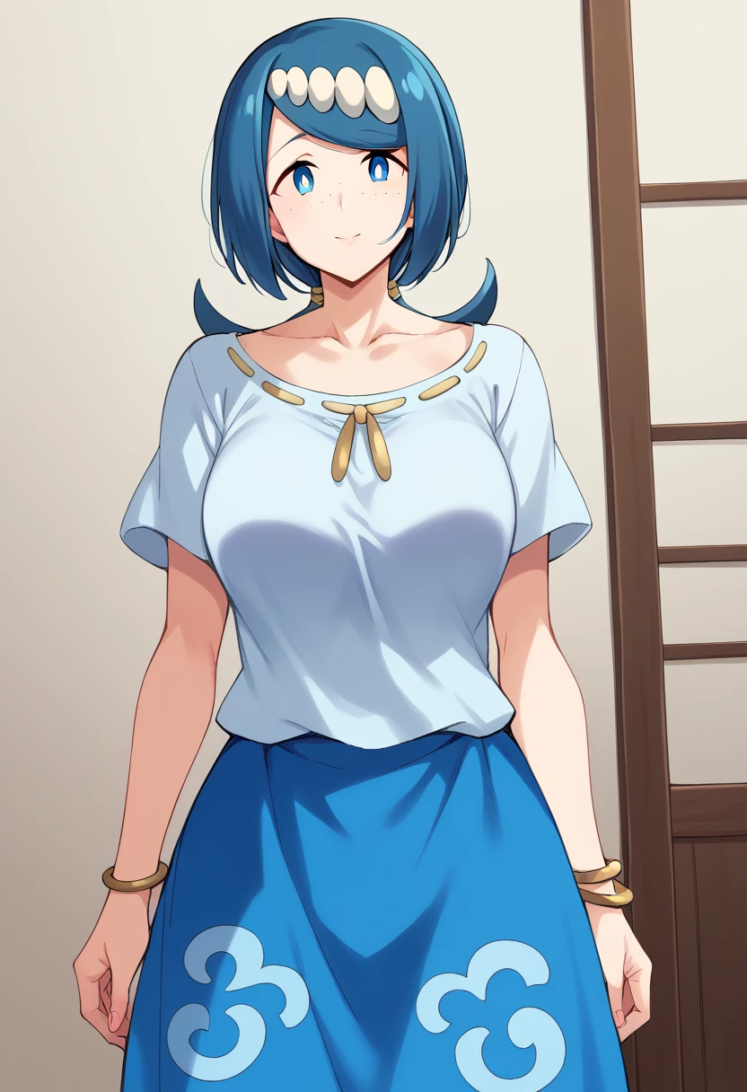 nanao yukiji style, pokemonmotherlana, blue eyes, blue hair, freckles, hair ornament, long hair, swept bangs, bright pupils, blouse, blue skirt, bracelet, collarbone, dress, jewelry, long skirt, shirt, short sleeves, skirt, white shirt, indoors, looking at viewer, cowboy shot, dutch angle,