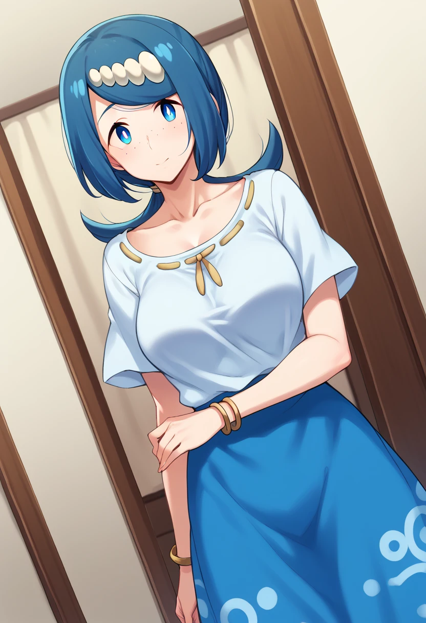 nanao yukiji style, pokemonmotherlana, blue eyes, blue hair, freckles, hair ornament, long hair, swept bangs, bright pupils, blouse, blue skirt, bracelet, collarbone, dress, jewelry, long skirt, shirt, short sleeves, skirt, white shirt, indoors, looking at viewer, cowboy shot, dutch angle,