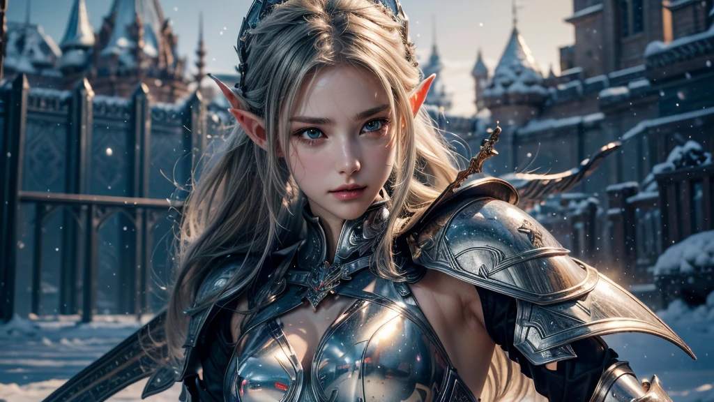 Close-up of woman holding sword and armor, Armor Girl, 2. 5D CGI anime fantasy artwork, Large Breasts，Epic fantasy digital art style, detailed Digital 2D fantasy art, Digital 2D fantasy art, original photo, (best quality:1.3), high resolution, (masterpiece), (lifelike:1.4), Professional photography, Clear focus, High Dynamic Range, 8k resolution, Intricate details, Fine details, Depth of Field, Extremely detailed CG unified 8k wallpaper, masterpiece，poster，best quality，Official Art，（Beauty and aesthetics：1.2），（masterpiece：1.3），Female Elf，individual，Light Leather Armor，complex pattern，snow，castle，Medium distance photography，（early morning），dramatic，Glowing Wings，