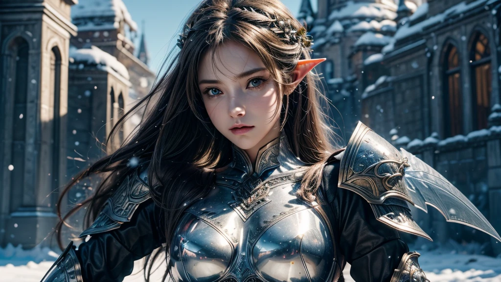 Close-up of woman holding sword and armor, Armor Girl, 2. 5D CGI anime fantasy artwork, Large Breasts，Epic fantasy digital art style, detailed Digital 2D fantasy art, Digital 2D fantasy art, original photo, (best quality:1.3), high resolution, (masterpiece), (lifelike:1.4), Professional photography, Clear focus, High Dynamic Range, 8k resolution, Intricate details, Fine details, Depth of Field, Extremely detailed CG unified 8k wallpaper, masterpiece，poster，best quality，Official Art，（Beauty and aesthetics：1.2），（masterpiece：1.3），Female Elf，individual，Light Leather Armor，complex pattern，snow，castle，Medium distance photography，（early morning），dramatic，Glowing Wings，