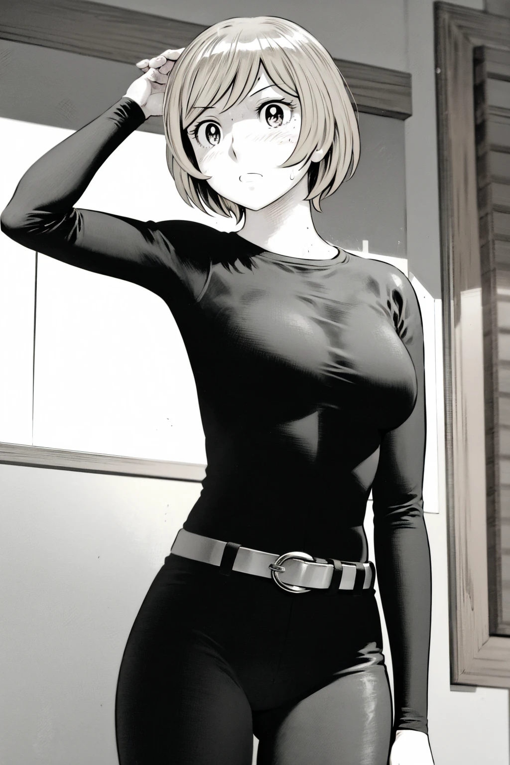 、(masterpiece、Highest quality)、Highest quality, Ultra-high resolution, (((masterpiece))), alone, Sweat、Big eyes,Tight black shirt、Tight white pants、belt、indoor、Composition from the front、(Cut the back hair short、short hair、blonde、woman)、Shortcuts、Embarrassed face、Cut your hair short、可愛いwomanの子、Big Breasts、office